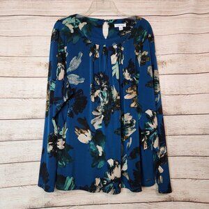 Calvin Klein Long Sleeve Tunic Blouse Blue Floral One Button Back Womens Size 2X